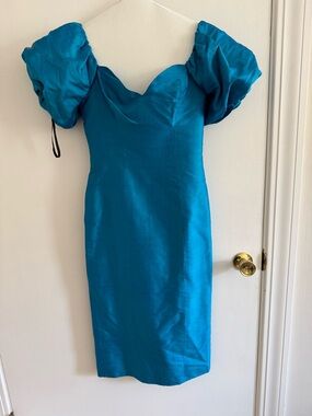 Jessica McClintock Teal Puff-Sleeve Midi Dress